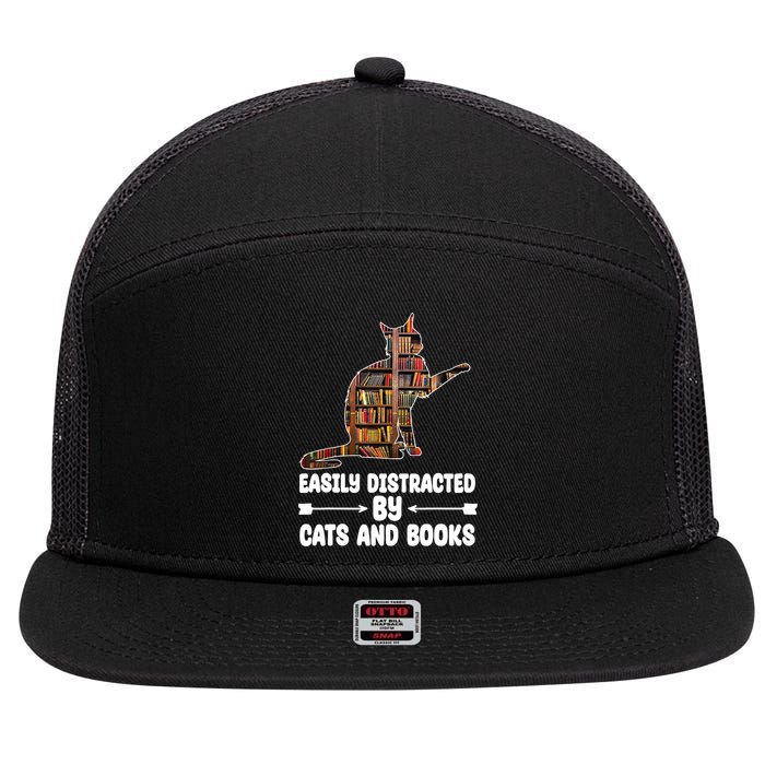 Easily Distracted By Cats And Books Funny Cat Lover 7 Panel Mesh Trucker Snapback Hat