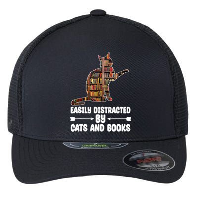 Easily Distracted By Cats And Books Funny Cat Lover Flexfit Unipanel Trucker Cap
