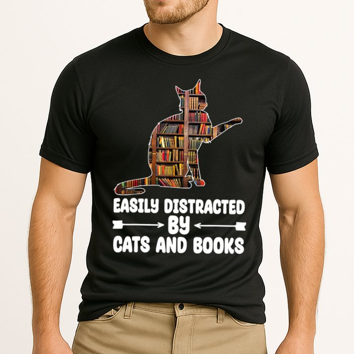 Easily Distracted By Cats And Books Funny Cat Lover Performance Shirt