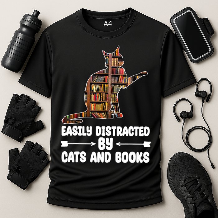 Easily Distracted By Cats And Books Funny Cat Lover Performance Shirt
