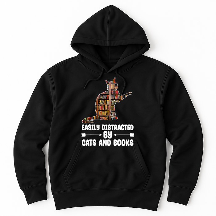 Easily Distracted By Cats And Books Funny Cat Lover Hoodie