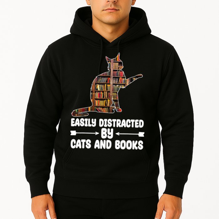 Easily Distracted By Cats And Books Funny Cat Lover Hoodie