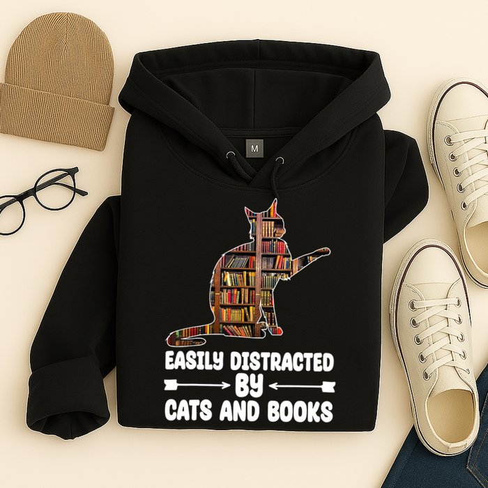 Easily Distracted By Cats And Books Funny Cat Lover Hoodie