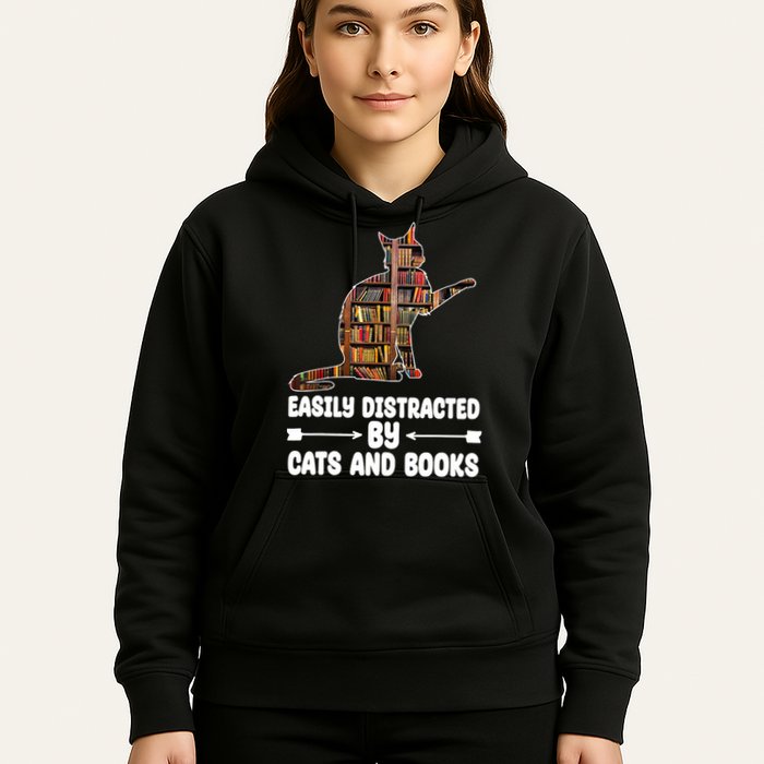 Easily Distracted By Cats And Books Funny Cat Lover Hoodie
