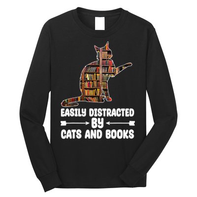 Easily Distracted By Cats And Books Funny Cat Lover Long Sleeve Shirt