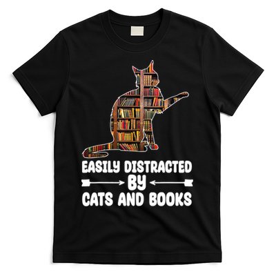 Easily Distracted By Cats And Books Funny Cat Lover T-Shirt