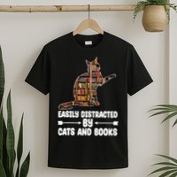 Easily Distracted By Cats And Books Funny Cat Lover T-Shirt