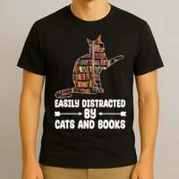 Easily Distracted By Cats And Books Funny Cat Lover T-Shirt