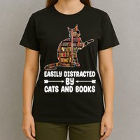 Easily Distracted By Cats And Books Funny Cat Lover T-Shirt