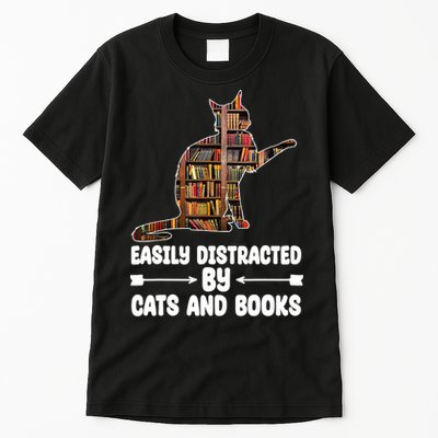 Easily Distracted By Cats And Books Funny Cat Lover Tall T-Shirt