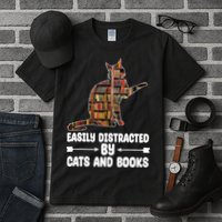 Easily Distracted By Cats And Books Funny Cat Lover Tall T-Shirt