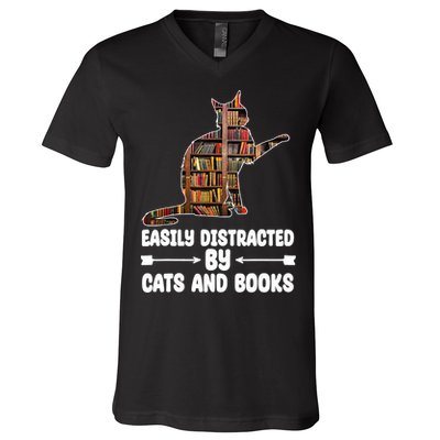 Easily Distracted By Cats And Books Funny Cat Lover V-Neck T-Shirt