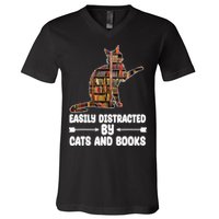 Easily Distracted By Cats And Books Funny Cat Lover V-Neck T-Shirt
