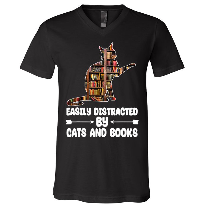 Easily Distracted By Cats And Books Funny Cat Lover V-Neck T-Shirt