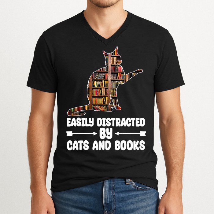 Easily Distracted By Cats And Books Funny Cat Lover V-Neck T-Shirt