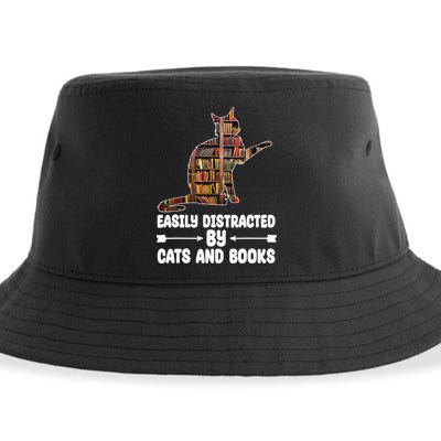 Easily Distracted By Cats And Books Funny Cat Lover Sustainable Bucket Hat