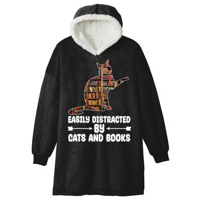 Easily Distracted By Cats And Books Funny Cat Lover Hooded Wearable Blanket