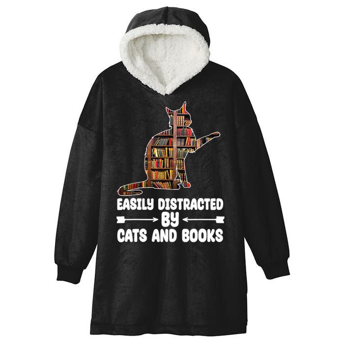 Easily Distracted By Cats And Books Funny Cat Lover Hooded Wearable Blanket