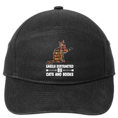 Easily Distracted By Cats And Books Funny Cat Lover 7-Panel Snapback Hat