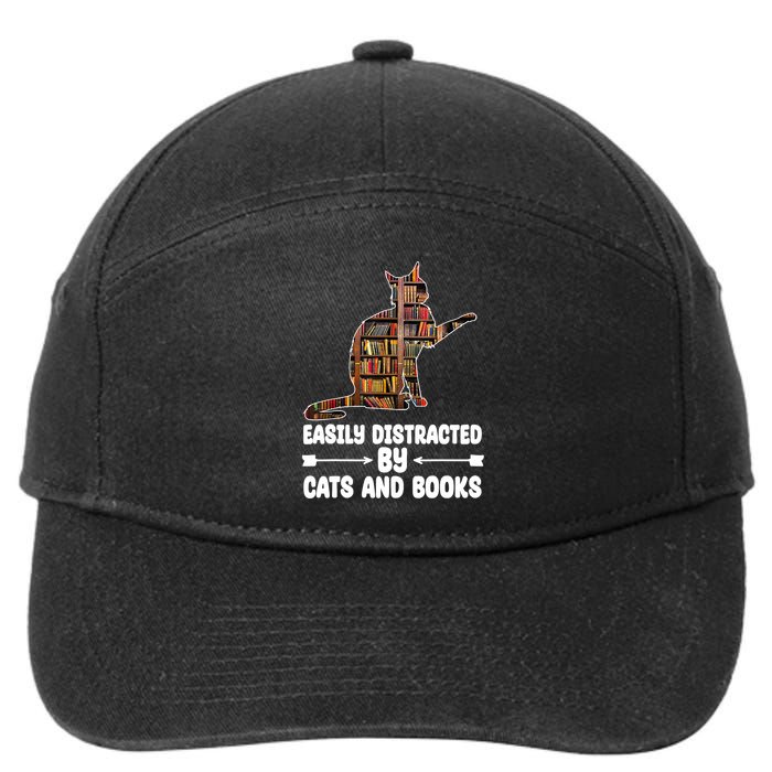 Easily Distracted By Cats And Books Funny Cat Lover 7-Panel Snapback Hat