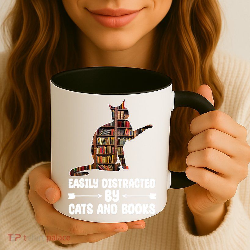 Easily Distracted By Cats And Books Funny Cat Lover Mug