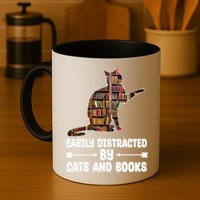 Easily Distracted By Cats And Books Funny Cat Lover Mug
