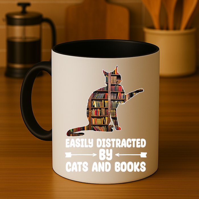 Easily Distracted By Cats And Books Funny Cat Lover Mug