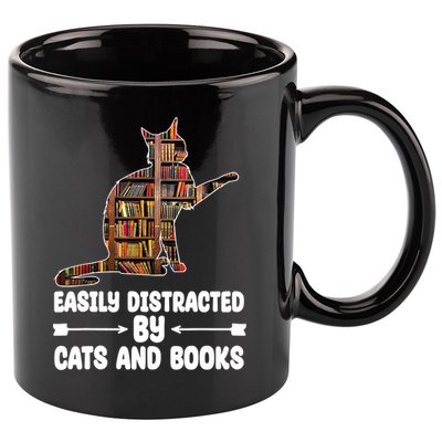 Easily Distracted By Cats And Books Funny Cat Lover 11oz C Handle Ceramic Mug