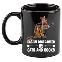 Easily Distracted By Cats And Books Funny Cat Lover 11oz C Handle Ceramic Mug