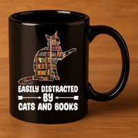 Easily Distracted By Cats And Books Funny Cat Lover 11oz C Handle Ceramic Mug