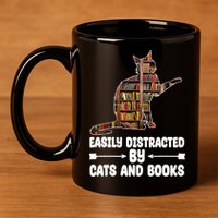 Easily Distracted By Cats And Books Funny Cat Lover 11oz C Handle Ceramic Mug