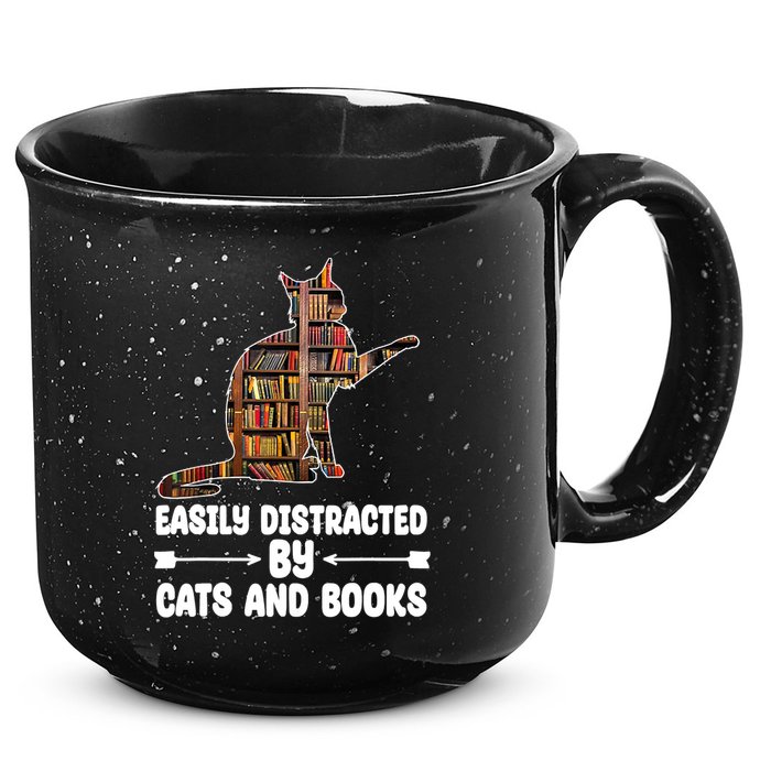 Easily Distracted By Cats And Books Funny Cat Lover 15oz Campfire Ceramic Mug