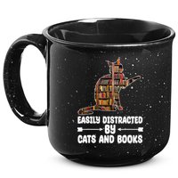 Easily Distracted By Cats And Books Funny Cat Lover 15oz Campfire Ceramic Mug