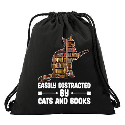 Easily Distracted By Cats And Books Funny Cat Lover Drawstring Bag