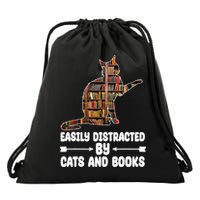 Easily Distracted By Cats And Books Funny Cat Lover Drawstring Bag