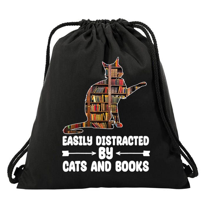 Easily Distracted By Cats And Books Funny Cat Lover Drawstring Bag
