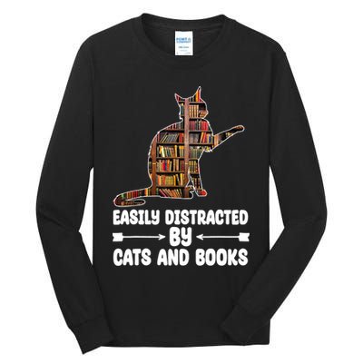 Easily Distracted By Cats And Books Funny Cat Lover Tall Long Sleeve T-Shirt