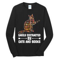 Easily Distracted By Cats And Books Funny Cat Lover Tall Long Sleeve T-Shirt