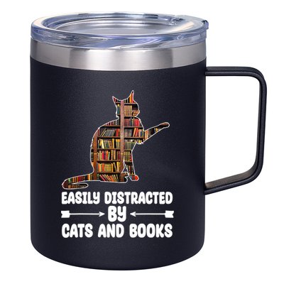 Easily Distracted By Cats And Books Funny Cat Lover 12oz Stainless Steel Coffee Mug