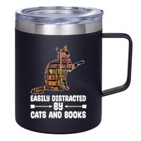 Easily Distracted By Cats And Books Funny Cat Lover 12oz Stainless Steel Coffee Mug