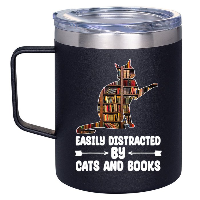 Easily Distracted By Cats And Books Funny Cat Lover 12oz Stainless Steel Coffee Mug