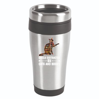 Easily Distracted By Cats And Books Funny Cat Lover 16oz Travel Tumbler