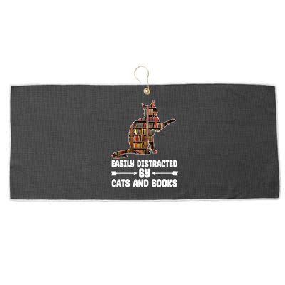Easily Distracted By Cats And Books Funny Cat Lover Large Microfiber Waffle Golf Towel