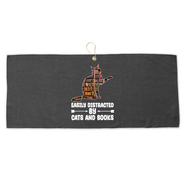 Easily Distracted By Cats And Books Funny Cat Lover Large Microfiber Waffle Golf Towel