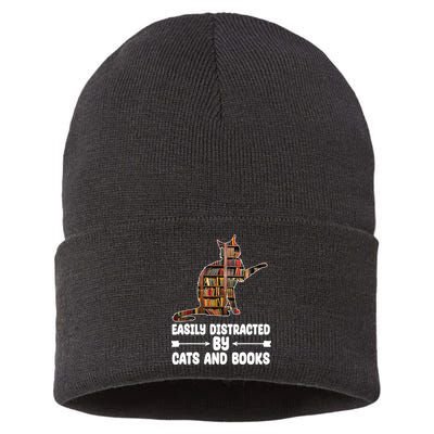 Easily Distracted By Cats And Books Funny Cat Lover Sustainable Knit Beanie