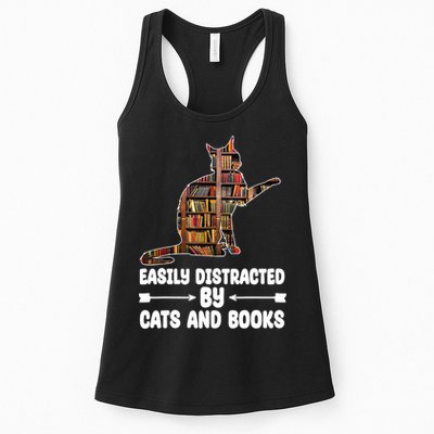 Easily Distracted By Cats And Books Funny Cat Lover Womens Tank Top