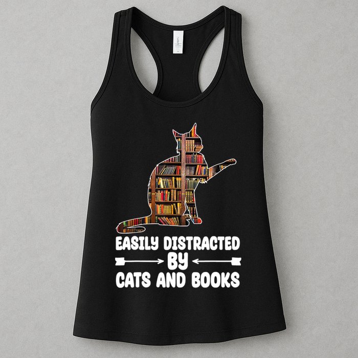 Easily Distracted By Cats And Books Funny Cat Lover Womens Tank Top
