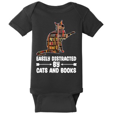 Easily Distracted By Cats And Books Funny Cat Lover Baby Bodysuit
