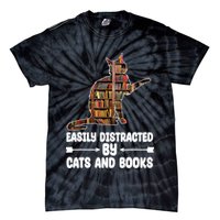 Easily Distracted By Cats And Books Funny Cat Lover Tie-Dye T-Shirt