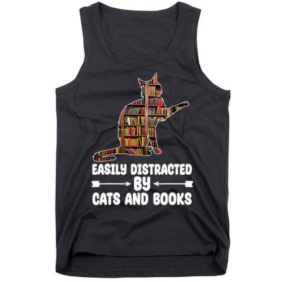 Easily Distracted By Cats And Books Funny Cat Lover Tank Top